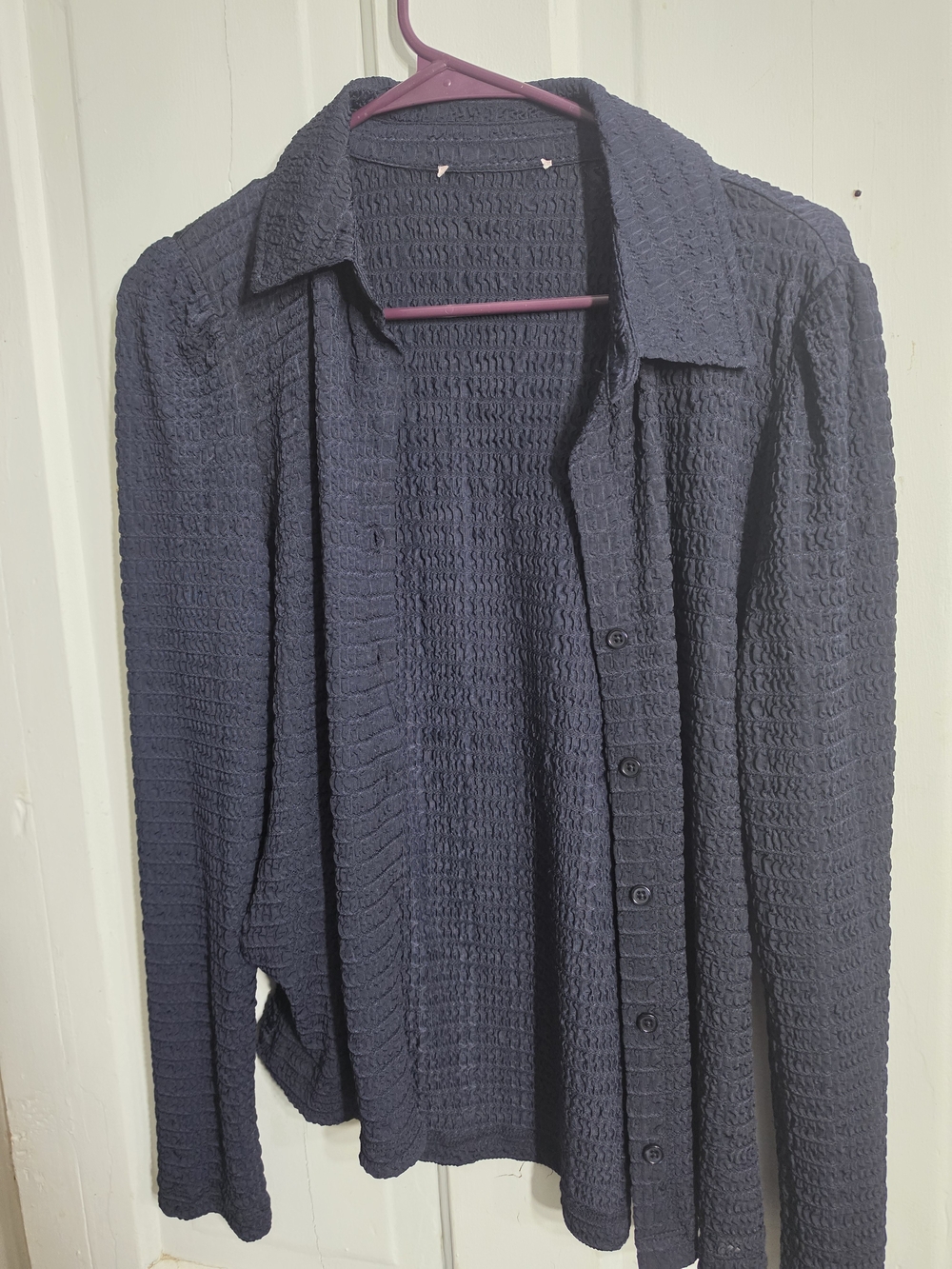 Ann Taylor Dark Navy Textured Button-Down Blouse